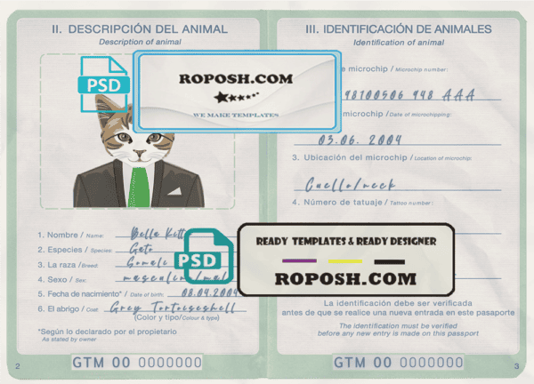 Guatemala cat (animal, pet) passport PSD template, completely editable