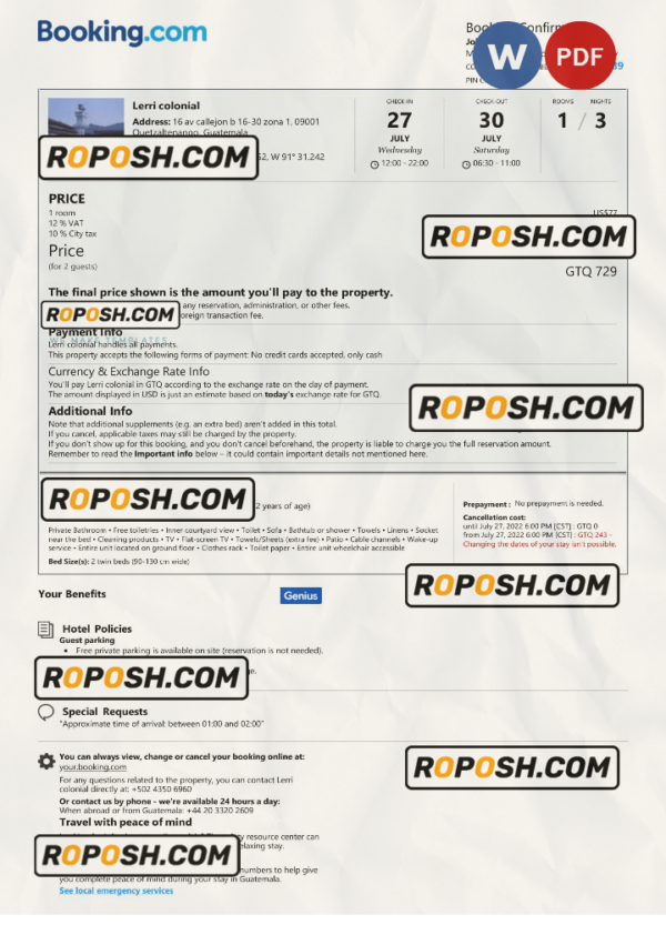 Guatemala hotel booking confirmation Word and PDF template scan effect