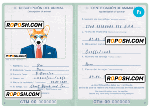 Guatemala dog (animal, pet) passport PSD template, fully editable