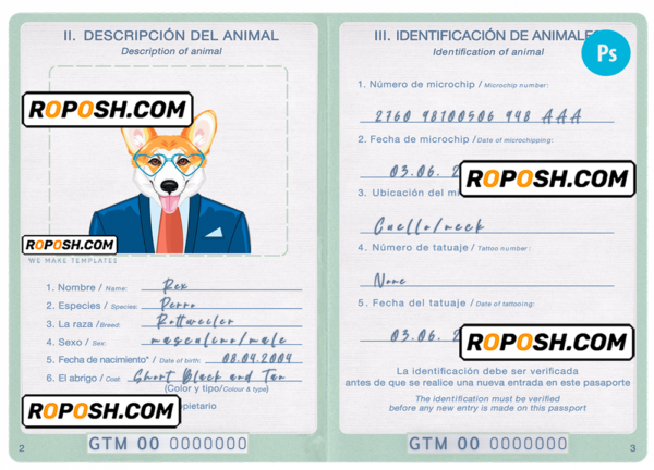 Guatemala dog (animal, pet) passport PSD template, fully editable