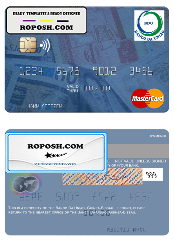 Guinea Bissau Banco Da Uniao mastercard fully editable template in PSD format