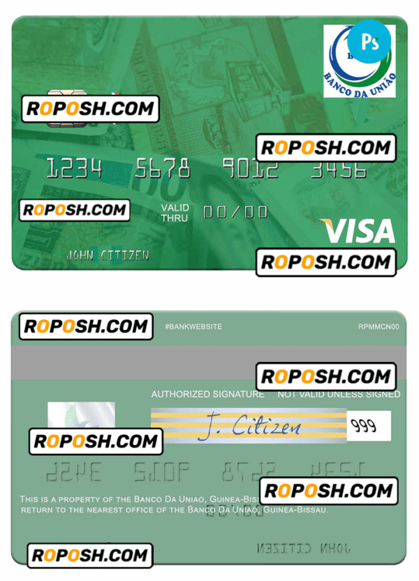 Guinea Bissau Banco Da Uniao visa card fully editable template in PSD format