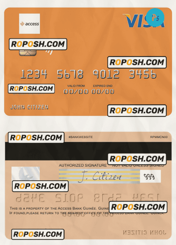 Guinea Access Bank Guinée visa card fully editable template in PSD format