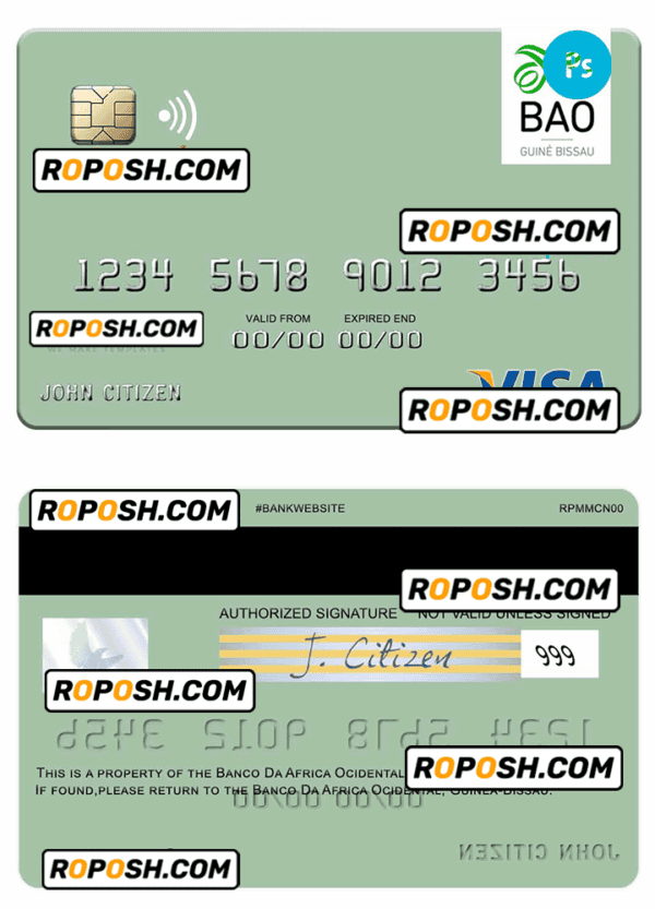 Guinea Bissau Banco Da Africa Ocidental visa card fully editable template in PSD format