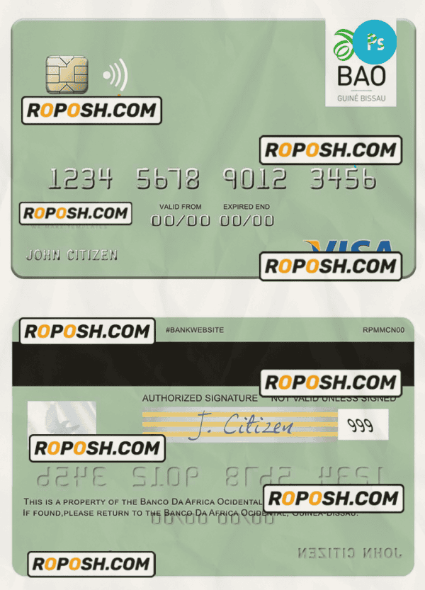 Guinea Bissau Banco Da Africa Ocidental visa card fully editable template in PSD format