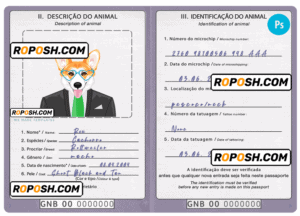 Guinea-Bissau dog (animal, pet) passport PSD template, fully editable