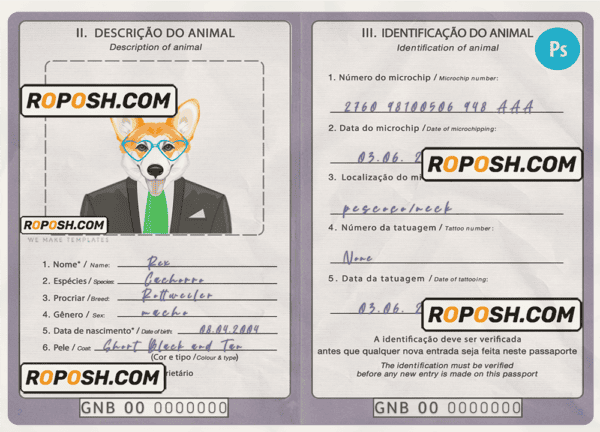 Guinea-Bissau dog (animal, pet) passport PSD template, fully editable