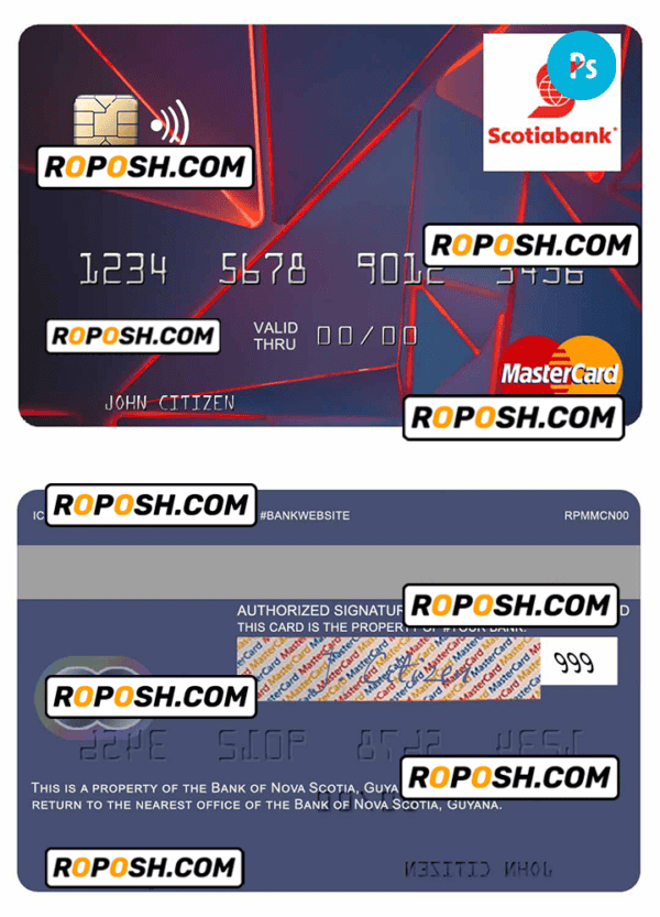 Guyana Bank of Nova Scotia mastercard credit card fully editable template in PSD format