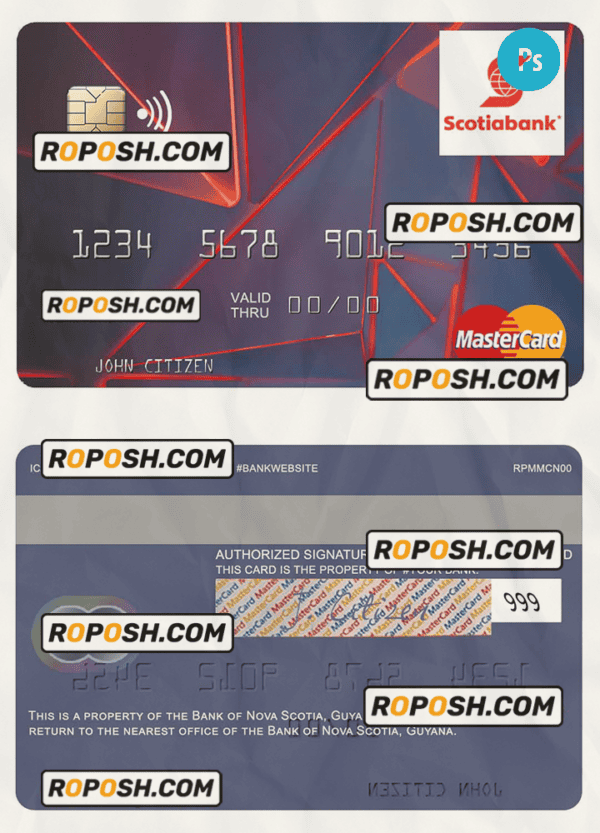 Guyana Bank of Nova Scotia mastercard credit card fully editable template in PSD format