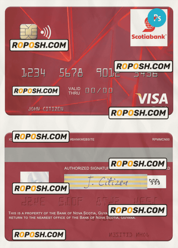 Guyana Bank of Nova Scotia visa card fully editable template in PSD format