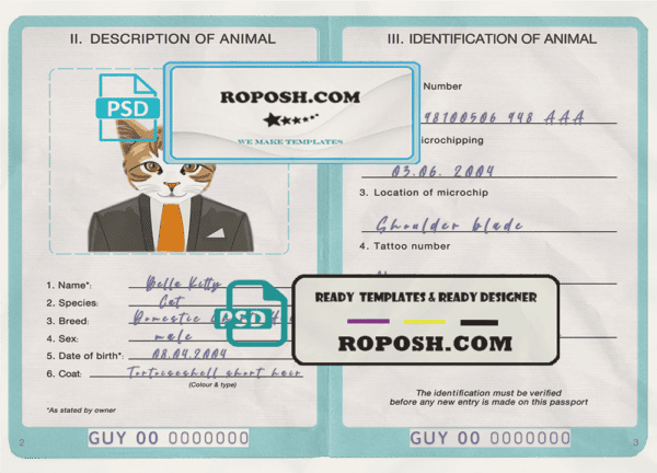 Guyana cat (animal, pet) passport PSD template, fully editable