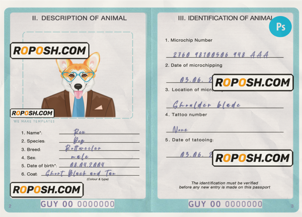 Guyana dog (animal, pet) passport PSD template, fully editable scan effect