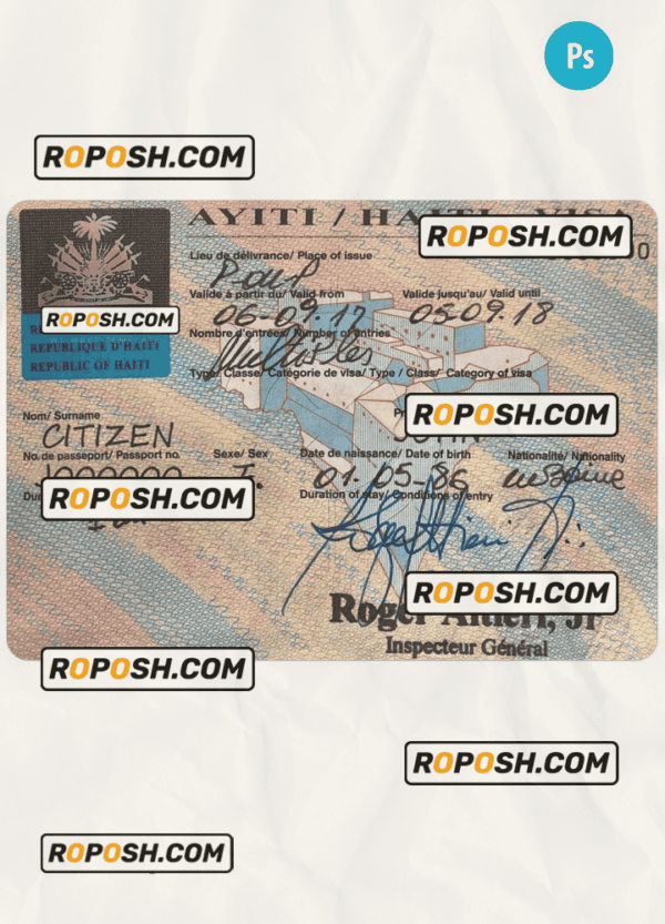 HAITI travel visa PSD template, with fonts