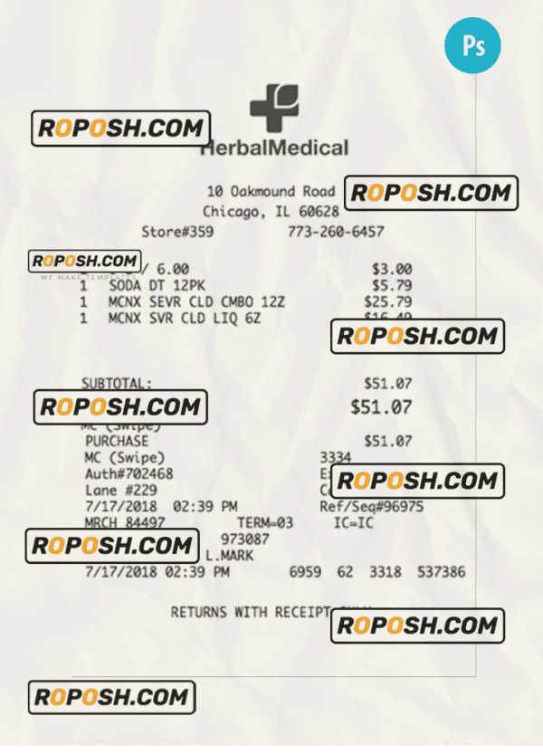 HERBAL MEDICAL payment receipt PSD template