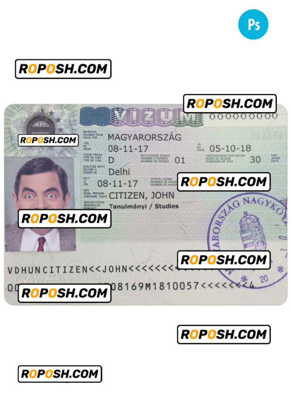 HUNGARY travel visa PSD template, with fonts