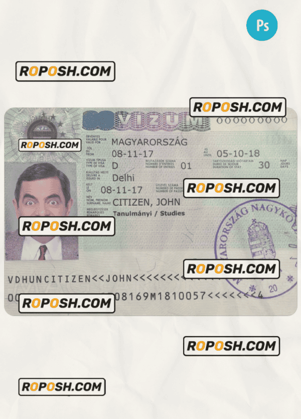 HUNGARY travel visa PSD template, with fonts