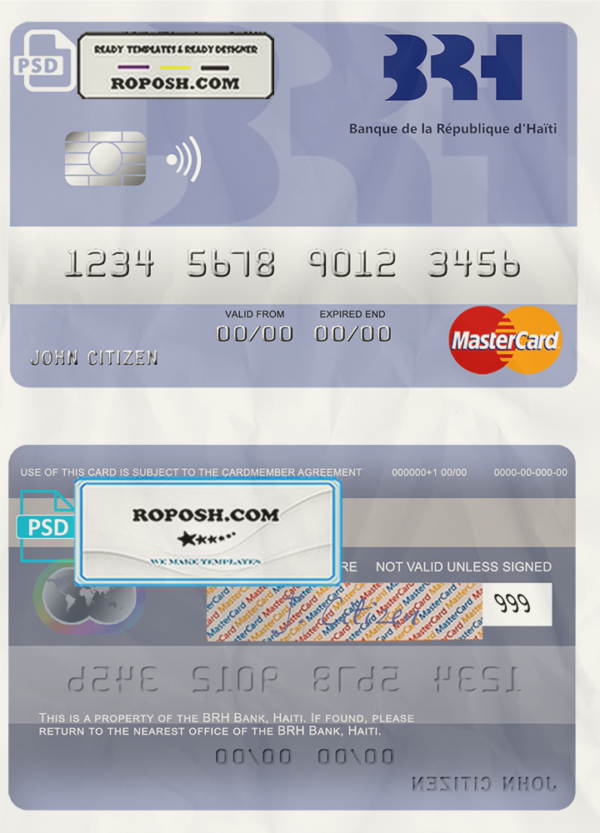 Haiti BRH bank mastercard template in PSD format, fully editable scan effect