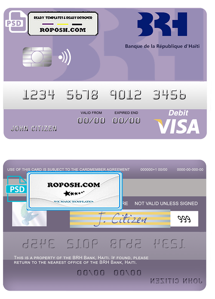 Haiti BRH bank visa card template in PSD format, fully editable | roposh