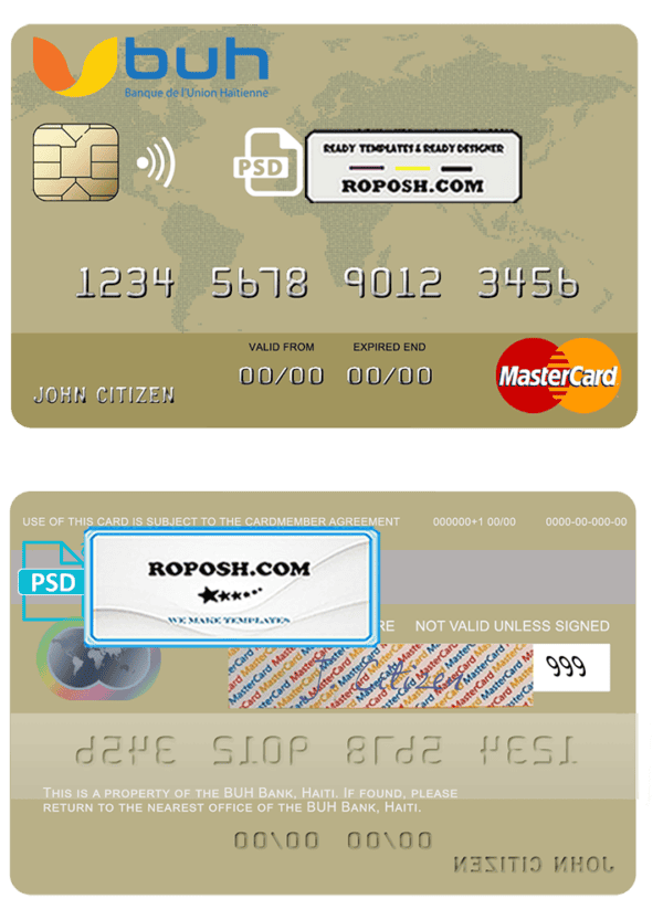 Haiti BUH Bank mastercard credit card template in PSD format, fully editable