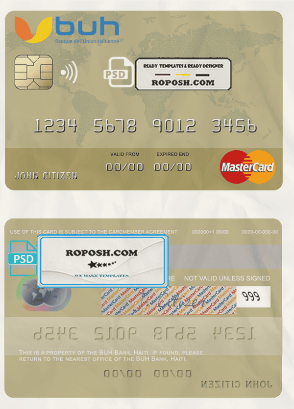 Haiti BUH Bank mastercard credit card template in PSD format, fully editable
