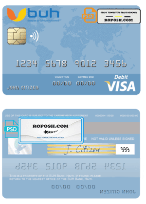 Haiti BUH Bank visa card template in PSD format, fully editable
