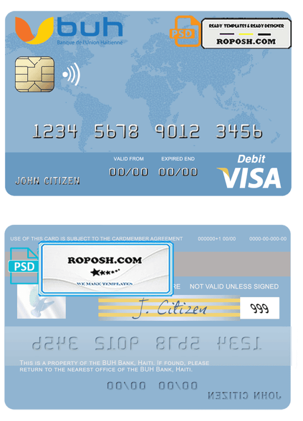Haiti BUH Bank visa card template in PSD format, fully editable