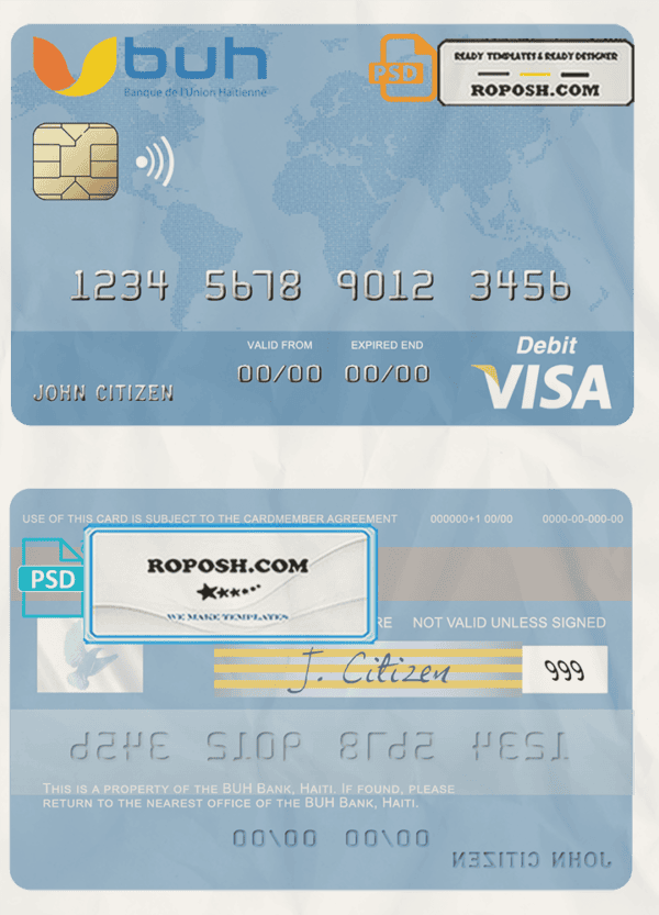 Haiti BUH Bank visa card template in PSD format, fully editable