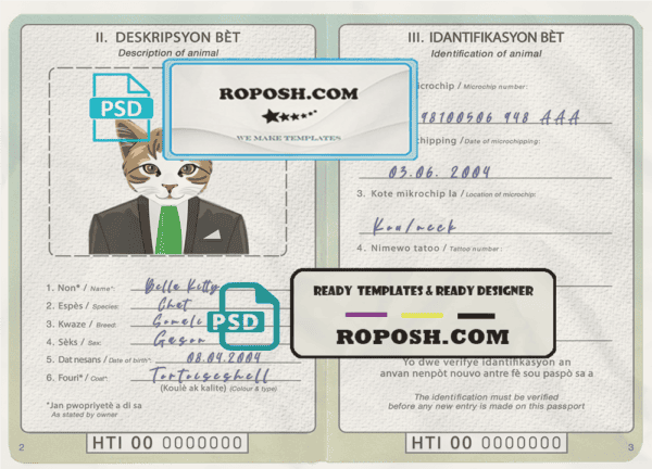Haiti cat (animal, pet) passport PSD template, completely editable