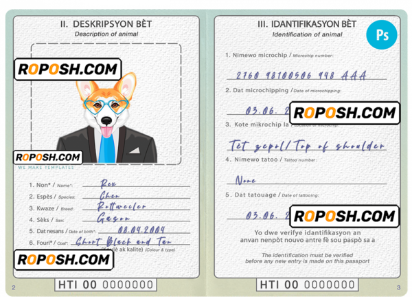 Haiti dog (animal, pet) passport PSD template, completely editable