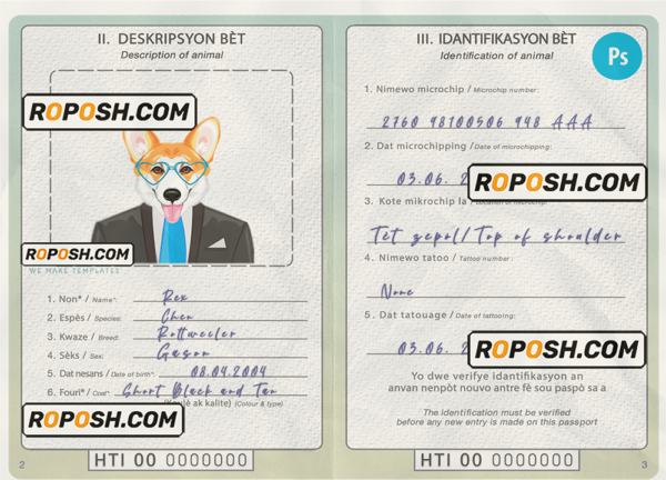 Haiti dog (animal, pet) passport PSD template, completely editable scan effect