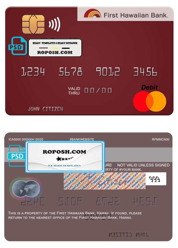Hawaii First Hawaiian Bank mastercard template in PSD format, fully editable