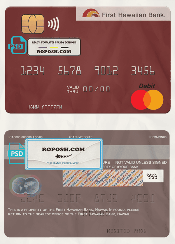Hawaii First Hawaiian Bank mastercard template in PSD format, fully editable