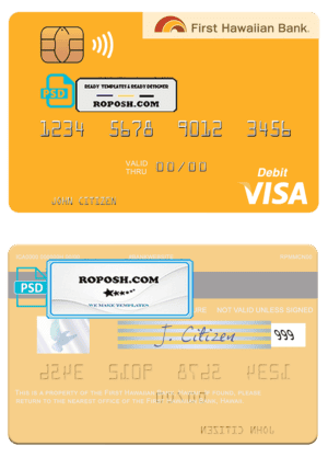 Hawaii First Hawaiian Bank visa card template in PSD format, fully editable