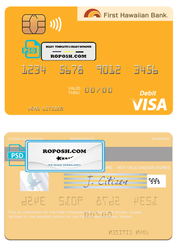 Hawaii First Hawaiian Bank visa card template in PSD format, fully editable