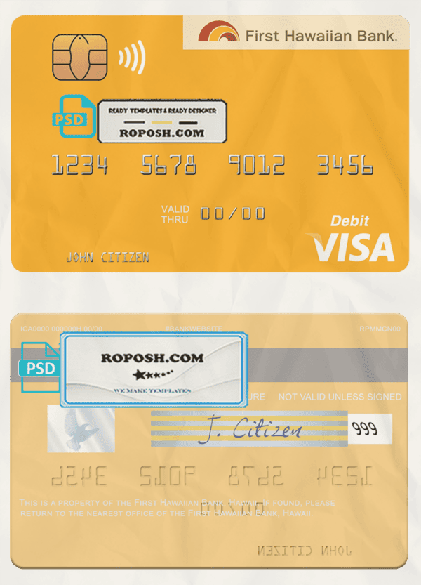 Hawaii First Hawaiian Bank visa card template in PSD format, fully editable