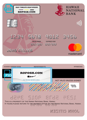 Hawaii National Bank mastercard template in PSD format, fully editable