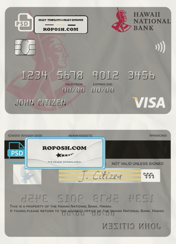 Hawaii National Bank visa card template in PSD format, fully editable