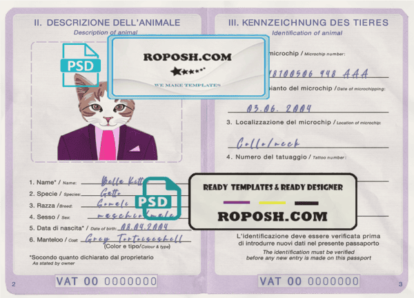 Holy See cat (animal, pet) passport PSD template, completely editable