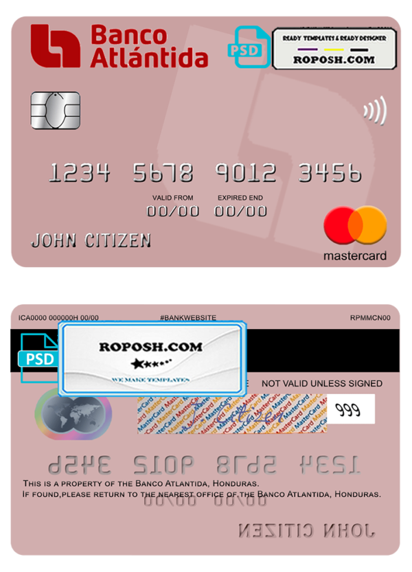 Honduras Banco Atlantida mastercard template in PSD format, fully editable