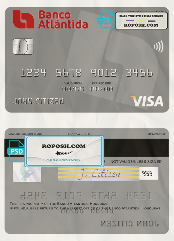 Honduras Banco Atlantida visa card template in PSD format, fully editable scan effect