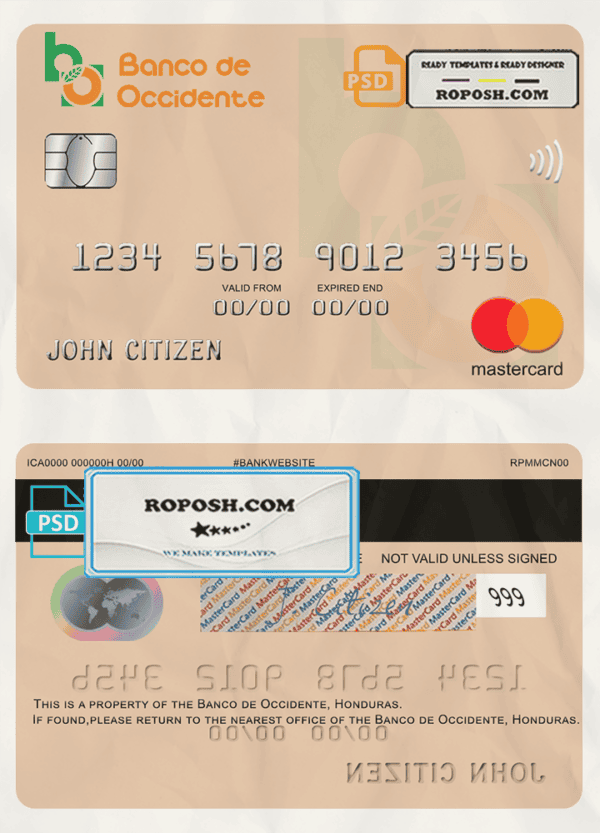 Honduras Banco de Occidente mastercard template in PSD format, fully editable
