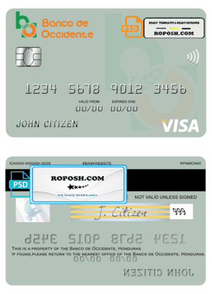 Honduras Banco de Occidente visa card template in PSD format, fully editable