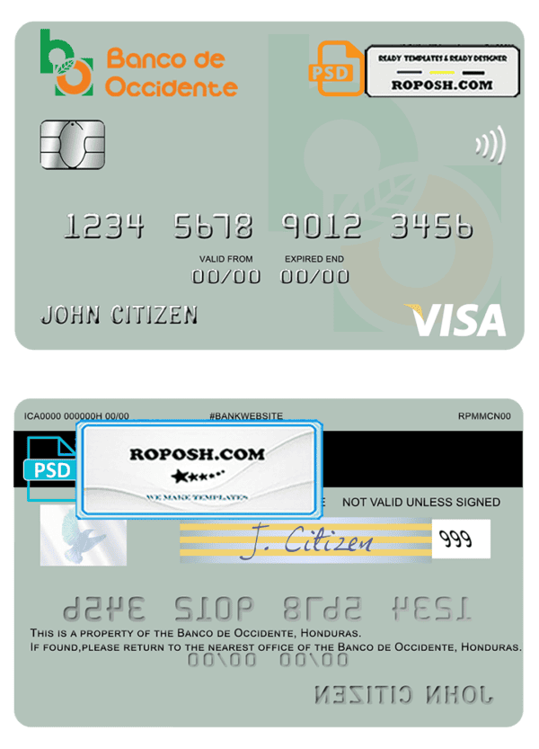 Honduras Banco de Occidente visa card template in PSD format, fully editable
