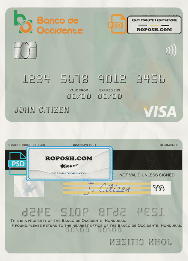Honduras Banco de Occidente visa card template in PSD format, fully editable