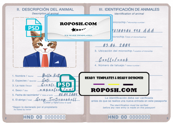Honduras cat (animal, pet) passport PSD template, fully editable