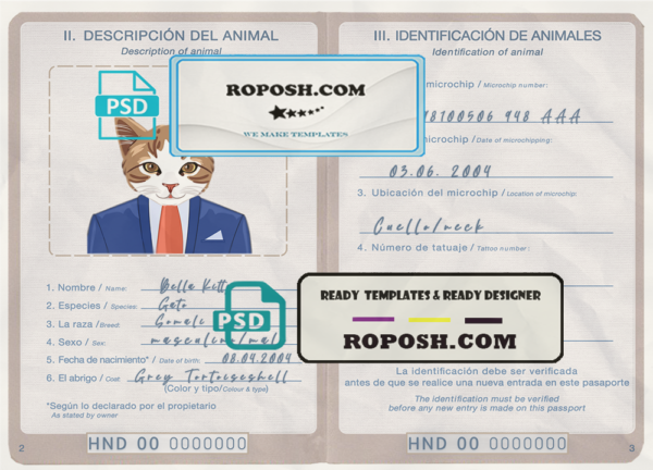 Honduras cat (animal, pet) passport PSD template, fully editable scan effect