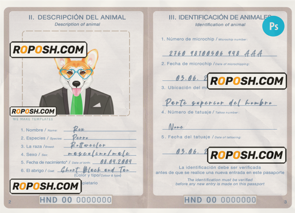 Honduras dog (animal, pet) passport PSD template, fully editable scan effect