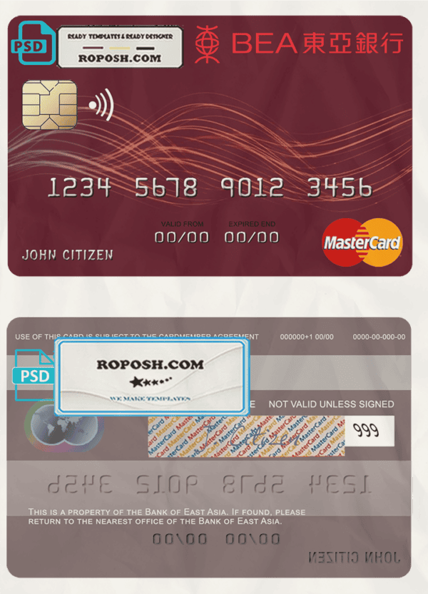 Hong Kong Bank of East Asia mastercard template in PSD format, fully editable