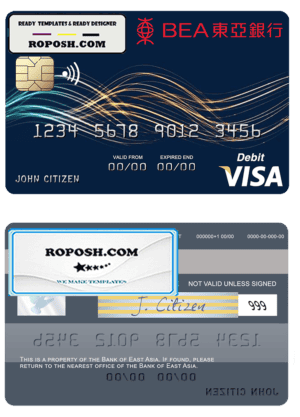 Hong Kong Bank of East Asia visa card template in PSD format, fully editable