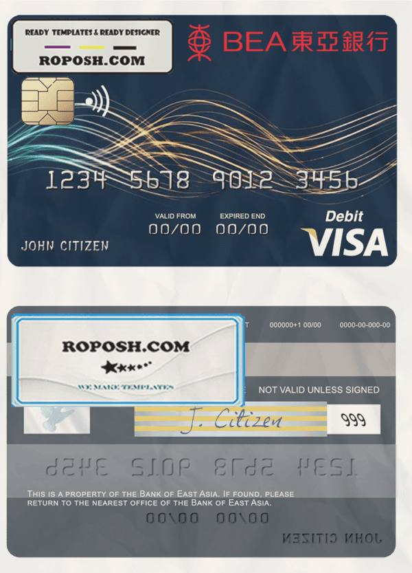 Hong Kong Bank of East Asia visa card template in PSD format, fully editable